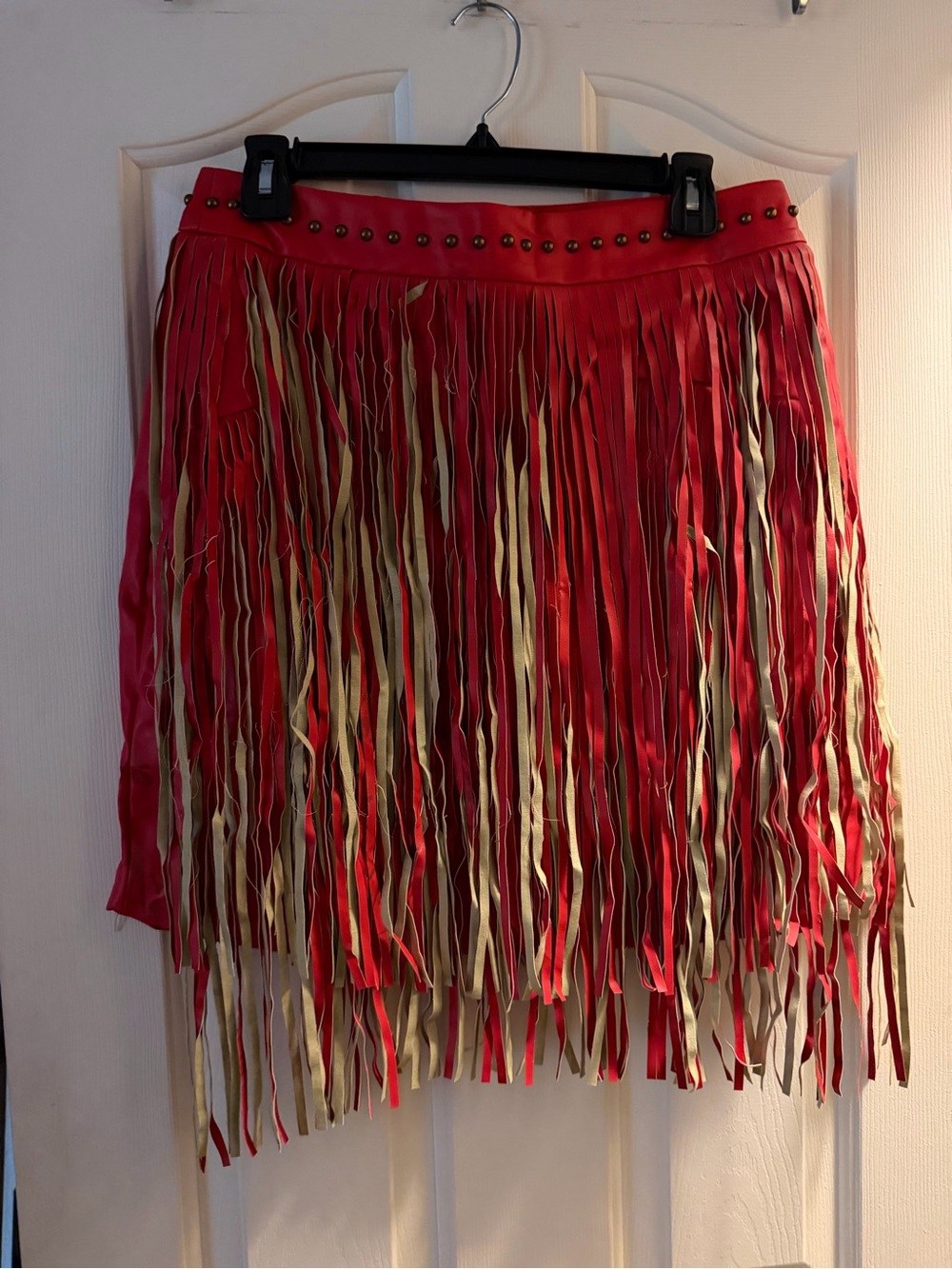 Red Fringe Mini Skirt with Studded Waist